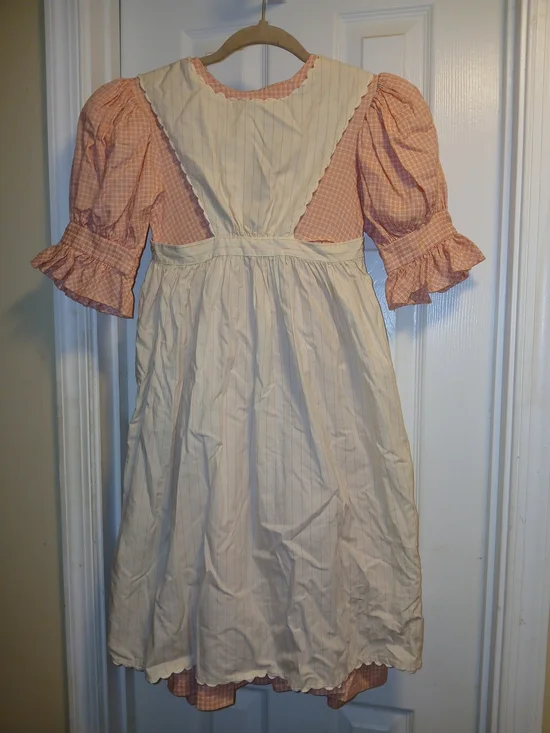 Pleasant Company Girls' Pink Gingham Dress with Cream Pinafore Apron Sz.8 Yrs