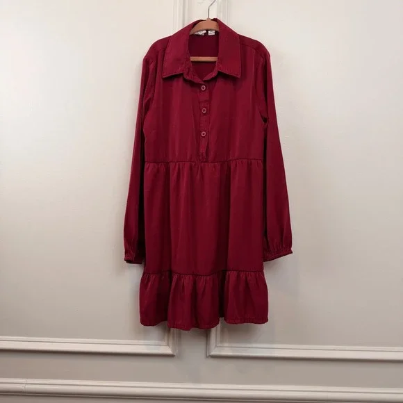 Gap‎ Kids Girls Burgundy Long Sleeve Tiered Button Front Dress Size S 6-7