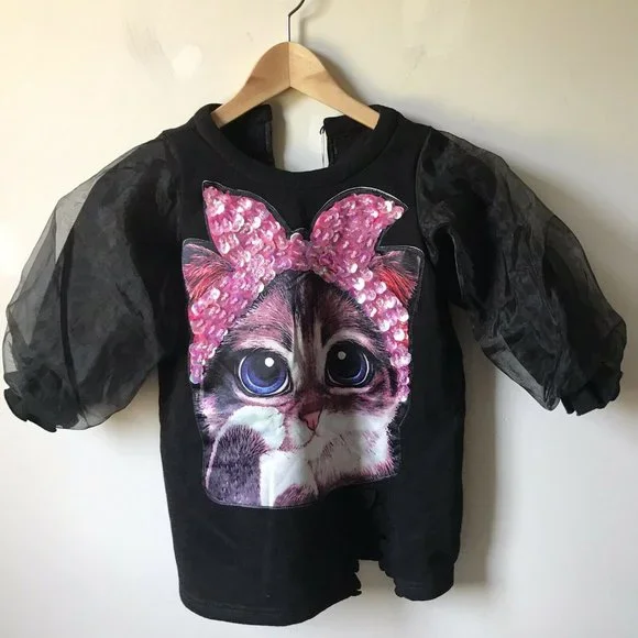 Black fleece sequin cat‎ baby dress ugly Christmas sweater novelty 18-24 months