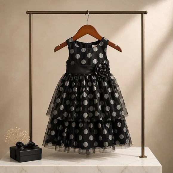 Holiday Editions Girls Black Silver‎ Polka Dot Tulle Party Dress 18M K2998HE-CL