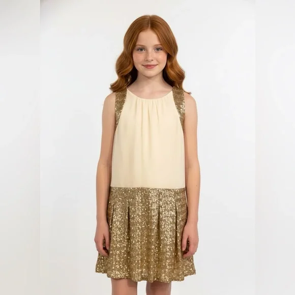 Laundry By Sheli‎ Segal Gold and Cream Sequin Gatsby Style Dress Sz 7 NWT