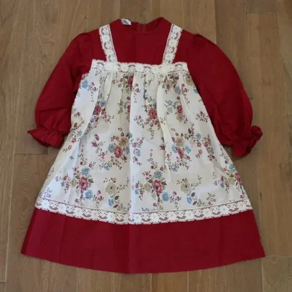 Vintage Montgomery Ward Girls‎ Long Sleeve Dress Floral Lace Red White 6