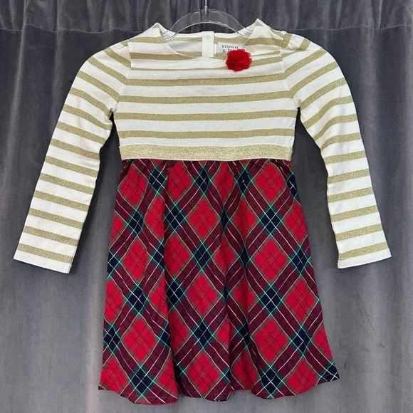 Crown‎ & Ivy Girl's Christmas Dress Toddler Size 5 Red Green Plaid Gold Metallic