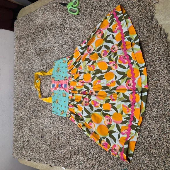 Matilda Jane Girls‎ Peach Floral Halter Dress Orange Teal Ric Rac Size 4