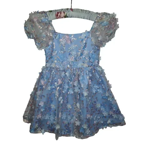 Rare Edition Sequin Floral Dress Girls 5 Fluffy Princess Fancy Party Puff Sleeve