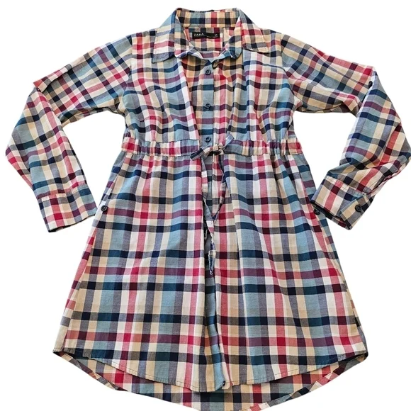 Zara Girls Plaid Drawstring Shirtdress
