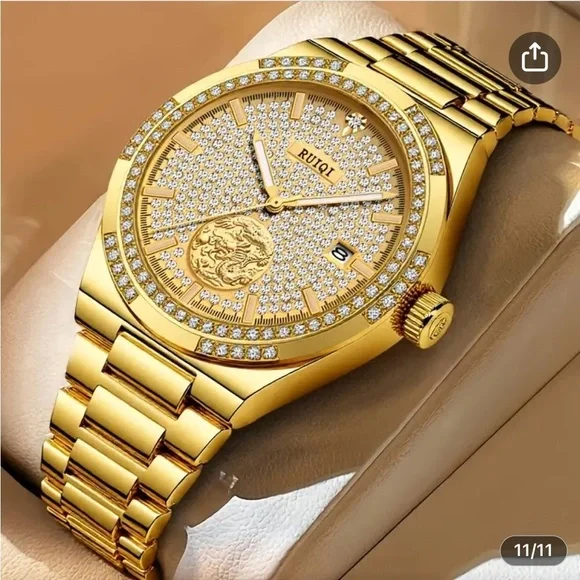 RUIQI Unisex Elegant Mechanical Watch - Full Golden Dial, Luminous Hands, NEW
