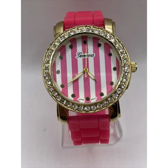 Geneva Women's Watch Gold Rhinestone Bezel Pink Silicone Band- New Battery‎