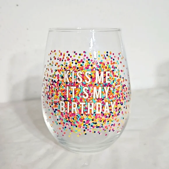 kiss me it's my happy birthday multi color polka dot painted stemless wine Glass