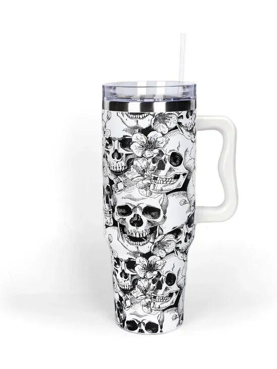 Spooky Skull 40oz Tumbler with Straw & Lid | Halloween Travel Coffee Cup, Gifts