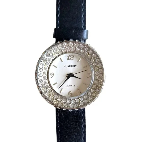 Rumors Womens Watch Rhinestones Genuine Leather Band New Battery WORKS