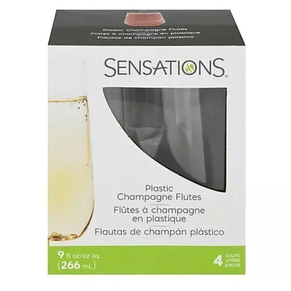 Sensations Champagne Flutes Plastic 4 Count 9 Ounce Clear Stemless Disposable