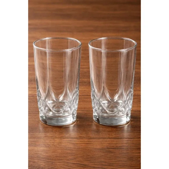 Set of 2 Clear‎ Faceted Highball Tumblers Heavy Base Pressed Glass