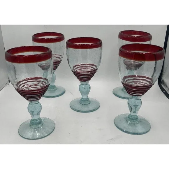 Mexican Hand Blown Art Glass Wine Goblets Set of 5 Red Rim Aqua Stem Swirl