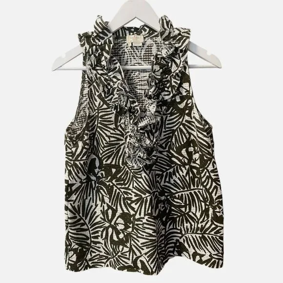 Kate Spade Tropical Print Ruffled Textured Sleeveless Cotton Top Women's size 8