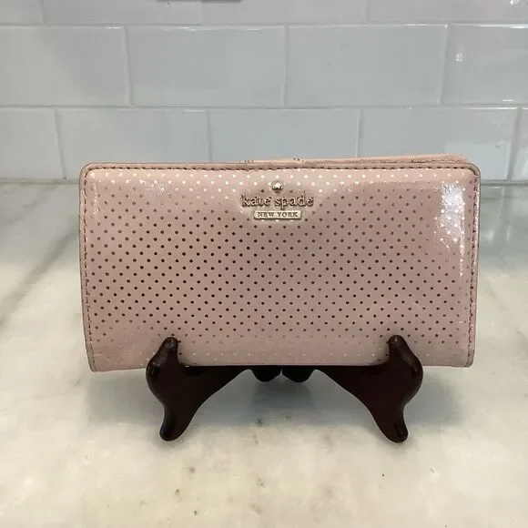Kate Spade Wallet Pink Leather Polka Dot Patent Sleek Slim Full Sized Wallet