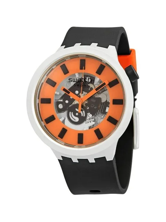 NWT Swatch Bioceramic Orack Quartz Orange Skeleton Dial Watch
