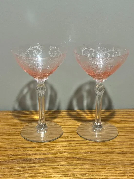 Set of 2 Fostoria Versailles Pink Etched Champagne Sherbet Glasses - 5