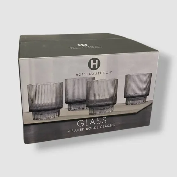 Hotel Collection Clear Set of 4 Smoked Fluted Double Old-Fashioned Glasses