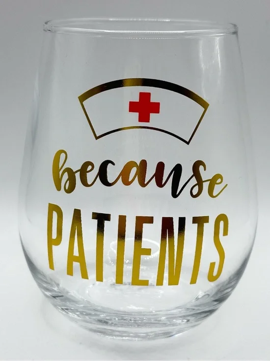 Nurses Stemless Wine Glass with Gold and Red Medical Design