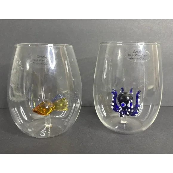 2 Stemless Wine Glasses Handblown Cobalt Blue Octopus and Orange Fish Inside