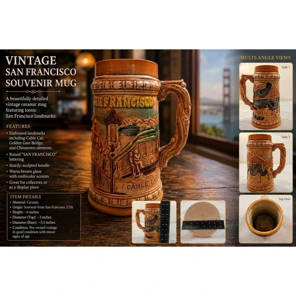 Vintage San Francisco‎ Ceramic Beer Stein 3D Relief Golden Gate Bridge Cable Car
