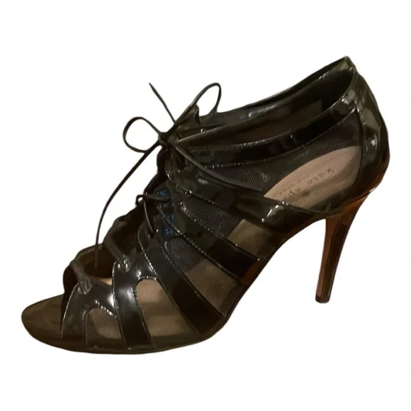 Kate Spade Black Patent Leather Mesh Tie Up High Heel Italy Size 7