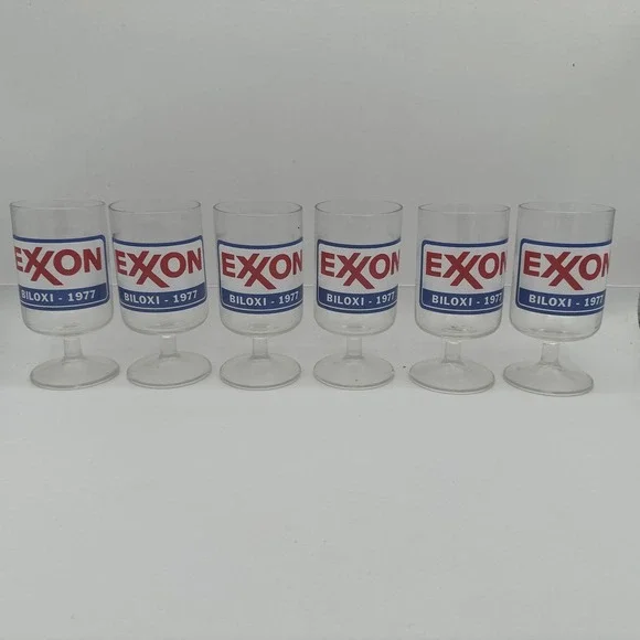 Set of 6 Vintage Exxon Biloxi 1977 Footed Goblet Promo Glasses Gas Station