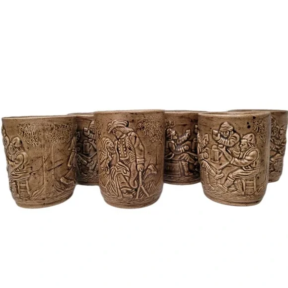 VTG 1967 Hand-Signed Tavern Scene Ceramic Tumblers Set of 6 Mid-Century Folk Art
