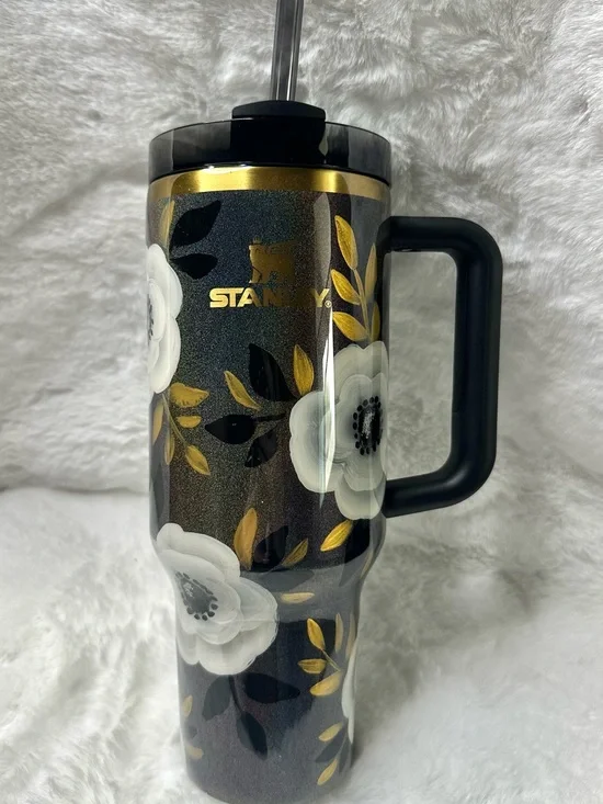 Hand painted Custom Stanley Black and Gold Floral Tumbler 40 oz