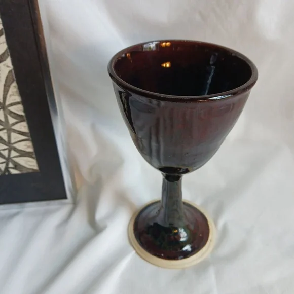 Studio Art Pottery Wine Goblet Signed Brown Stoneware