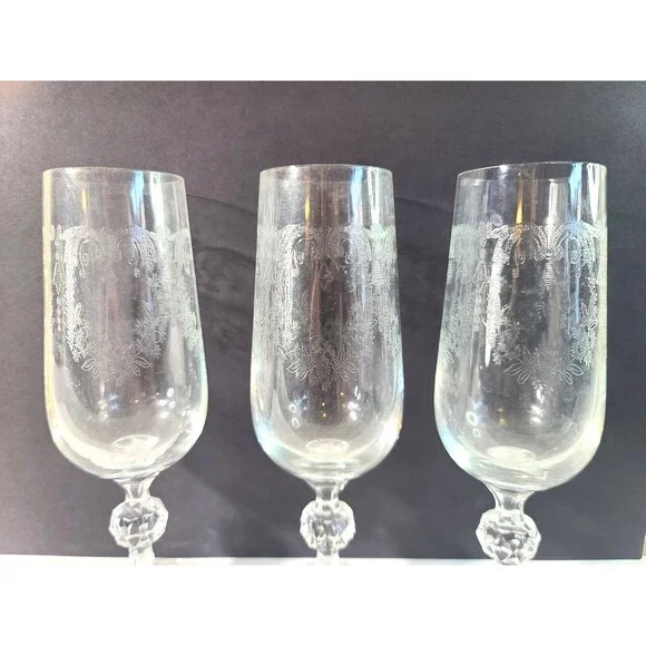 Set of 3 Vintage Etched Water Juice Cocktail Goblets Ball Stem Glasses