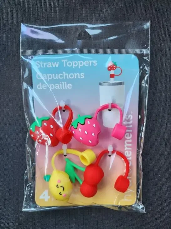 4 Straw Toppers Hydroelements Red Pink Strawberry Cherry Lemon Smiley Face