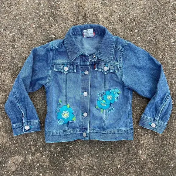 Little Levi's Girls Blue Floral Embroidered Denim Jean Trucker Jacket Size 5