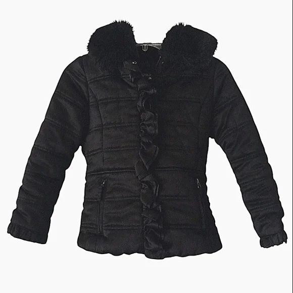 Rothschild girls size S 7-8 black ruffled front zip puffer coat
