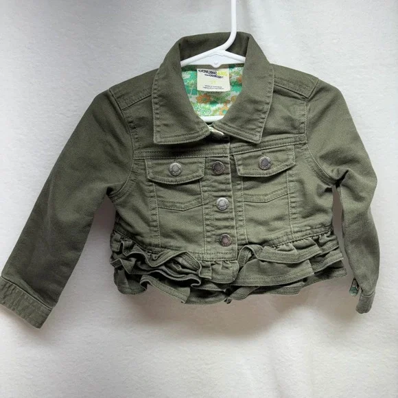 Genuine Kids OshKosh Olive‎ Green Ruffle Denim Jacket Toddler Girl 2T