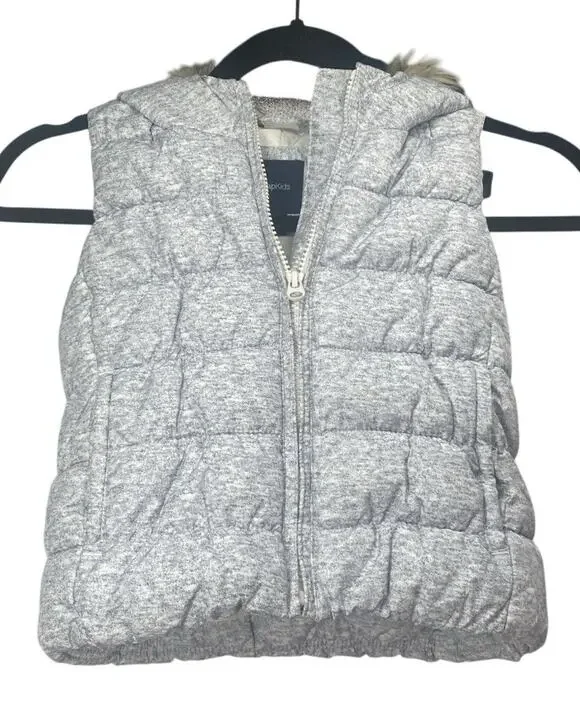 GapKids XS 4-5Y Gray/white Heathered poly puffer vest W/hood Faux Fur