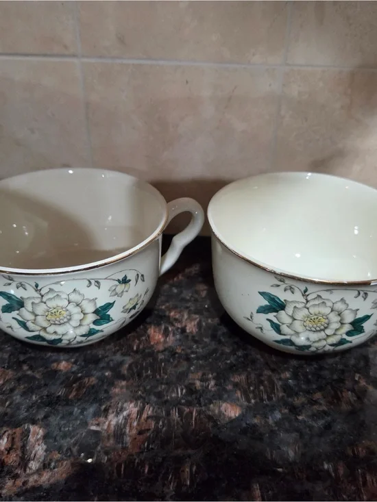 Vintage Floral Bone China Teacup - Cream with Green Floral Accent x2