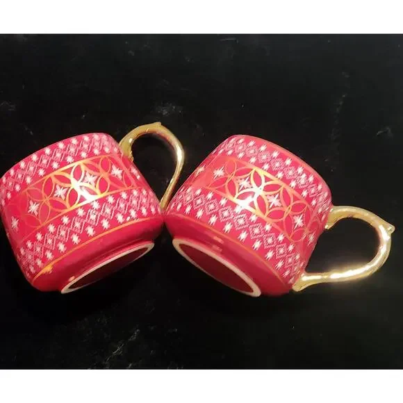 Harry and David Winter Snowflakes Stars‎ Gold Accent Coffee 2 Set Mugs