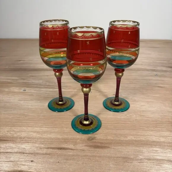 Pier 1 Festive Stripe Red Gold Purple Green Bands Stem Wine Glass Gold‎ Set Of 3