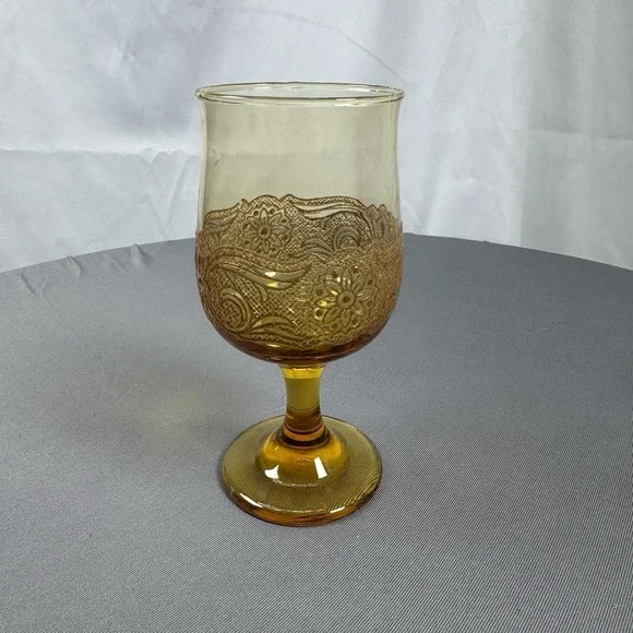 Vintage Libbey Floral Amber Glass Embossed Water Goblet‎  Boho