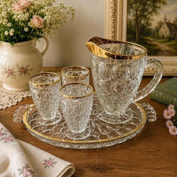 VTG Jeannette Thumbprint Gold Trim Juice Glasses Pitcher Tray Set Mid Century