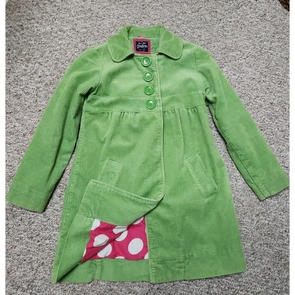 Mini Boden Peacoat Girls 11-12Y Green Polka Dot Lined Corduroy Long Coat