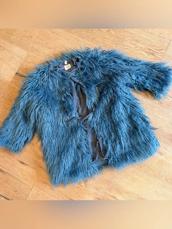 Plush Blue Faux Fur Kids Coat with Front Ties
