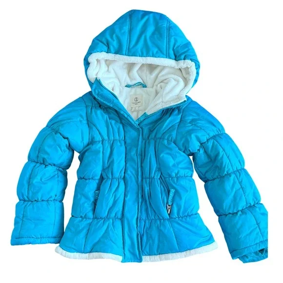 Lands End Kids Puffer Jacket Turquoise Blue Sherpa Lined Hooded Coat Size 4T‎