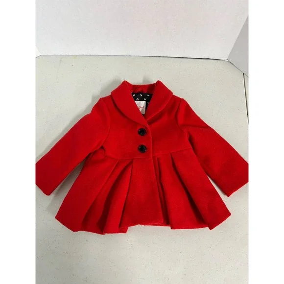 Cat & Jack Baby Girls‎ Red Peplum Pea Coat Heart Print Lining 12M Holiday Dressy