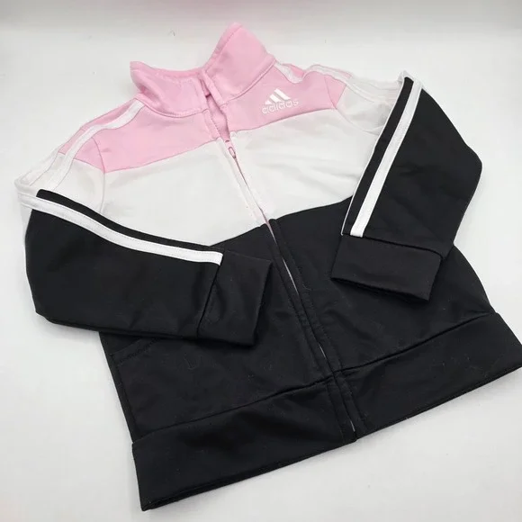 Adidas Girls Track Jacket Pink White Black Colorblock Full Zip 3T