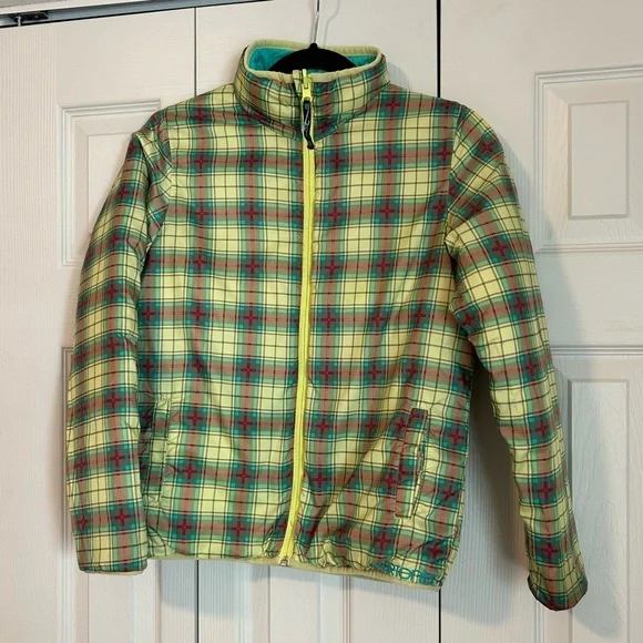 Burton Plaid and Teal Reversible Jacket Fall Kid Sz Medium Yellow Accent Zipper
