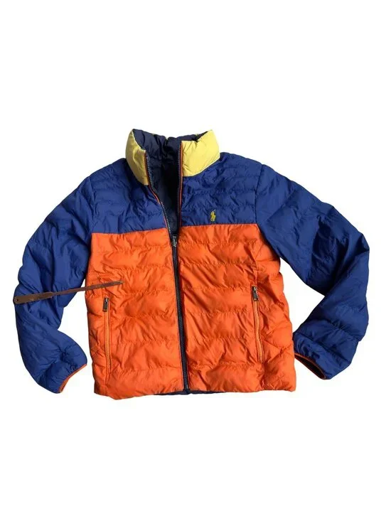 Polo Ralph Lauren Boys Reversible Coat Size M 10-12 Puffer Jacket Orange / Navy