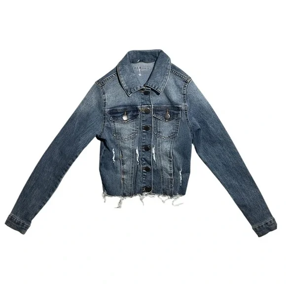 V.I.P. Jeans Girls Distressed Denim Jacket Size S Blue Button Front Frayed‎ Hem